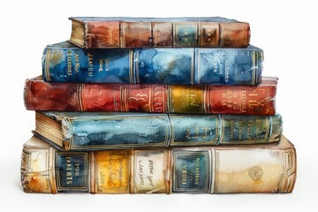 whimsical watercolor illustration of a stack of old books, with worn covers and pages slightly fanned out, creating a nostalgic and cozy atmosphere against a clean white backdrop