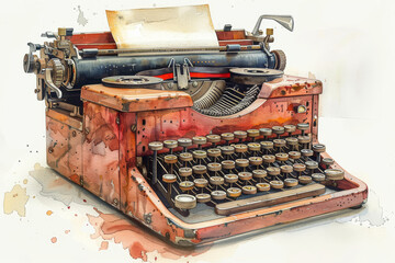 An enchanting watercolor illustration of a vintage typewriter, with keys slightly pressed and a sheet of paper inserted, on a pristine white desk