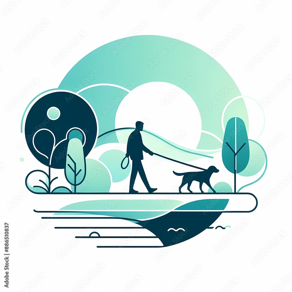 Poster clean simple image person walking dog park tranquil color scheme flowing lines