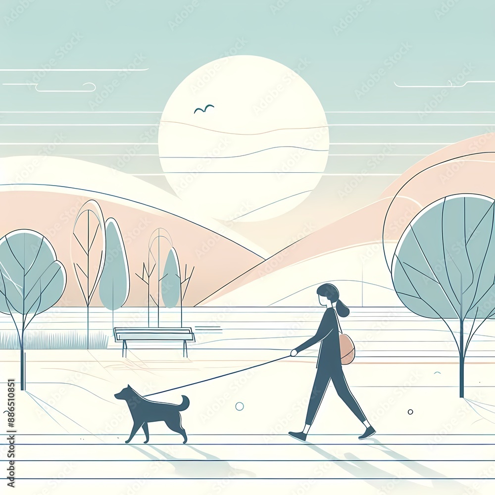 Poster clean simple image person walking dog park tranquil color scheme flowing lines