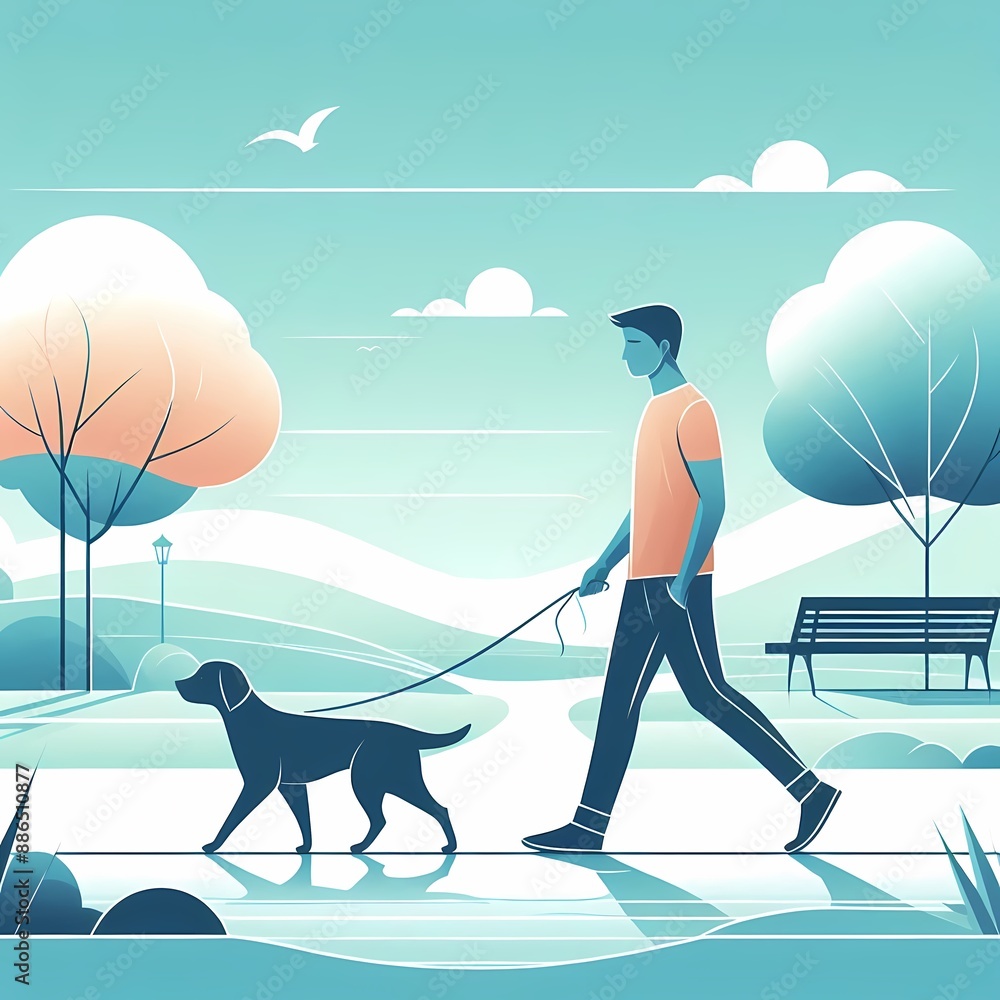 Poster clean simple image person walking dog park tranquil color scheme flowing lines
