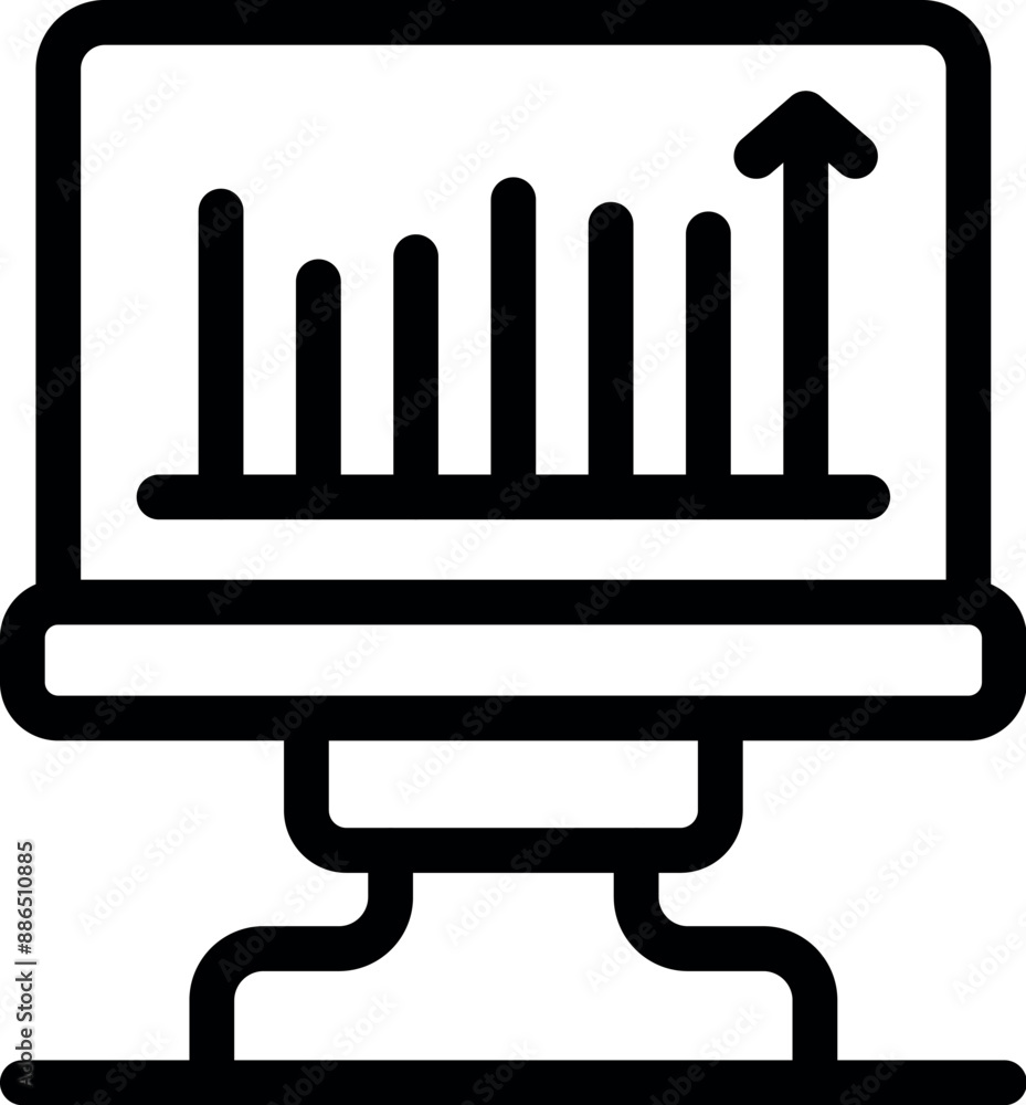 Poster simple line icon of a computer monitor displaying a bar chart with an upward arrow, symbolizing grow