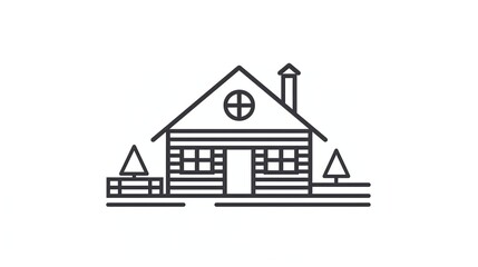 Fototapeta premium Minimalistic Outline Drawing of a Countryside Log Cabin with Trees and Fence