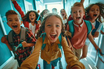 Large group of diverse elementary school students running down hallway taking selfie while screaming with joy