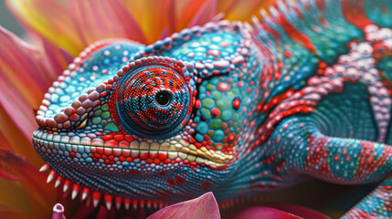 Fototapeta premium Close-up of a chameleon's face and flower petals, capturing intricate details and colors