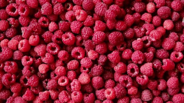 Sweet raspberry spinning background. Collection of fresh raspberries. Red ripe berry close-up. Juicy berries. Vegetarian, vegan and raw food. Organic product. Ethical consumption. From farm to table