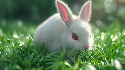 Fototapeta premium White rabbit on green grass : shooting against the light. AI Generative.