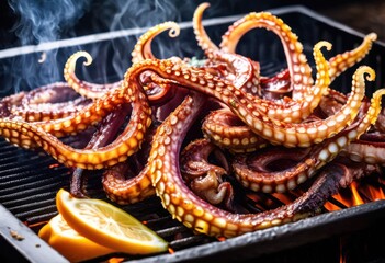 succulent grilled octopus perfectly cooked seafood delicacy grill, tentacles, tender, charred, appetizing, gourmet, dish, barbecue, meal, preparation