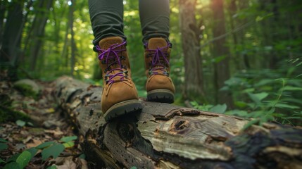 The hiking boots on log