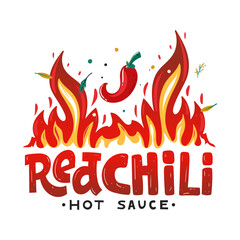 Red Chili Hot Sauce. Flat illustration spicy chili pepper in flame fire