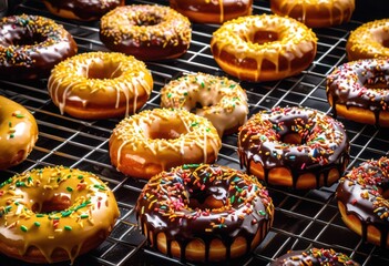 shiny glazed donuts cooling sweet dessert treats displayed, rack, icing, pastry, sugary, confection, sugared, frosting, bakery, confectionery, baked, goods, delicious