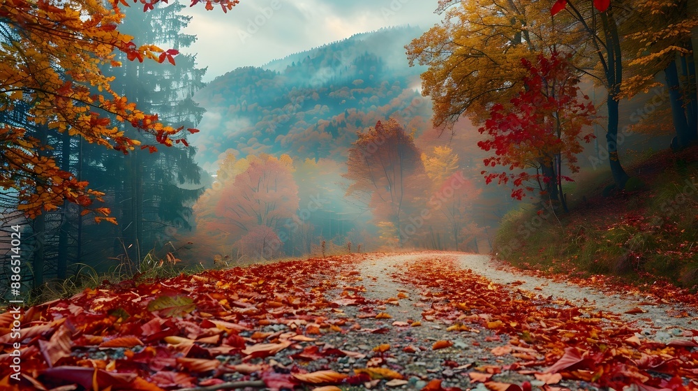 Sticker Tranquil Autumn Path Through Colorful Forest and Mountain Landscape