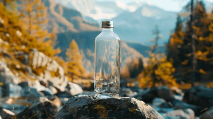 Generic mineral glass water bottle in the middle of nature on a rock mockup with mountains background as wide banner with copy space area