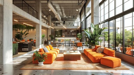 Modern open-plan office with vibrant orange furniture, large windows, and lush greenery, creating a bright and inspiring workspace.