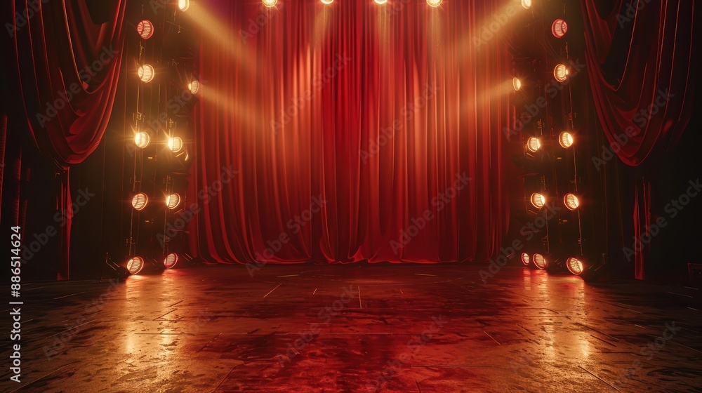 Poster spotlights are illuminating an empty theater stage with a red curtain and a concrete floor, creating