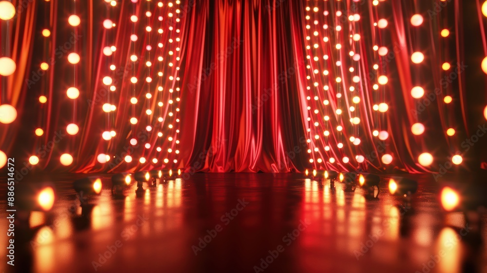 Poster red velvet curtains framing an empty stage with spotlights illuminating the wooden floor creating a 