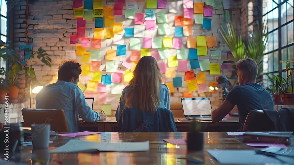 Poster vibrant creative workspace with enthusiastic team brainstorming and collaborating