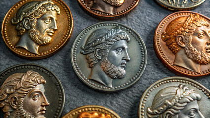 Several ancient Roman coins featuring male portraits are scattered on a grey surface