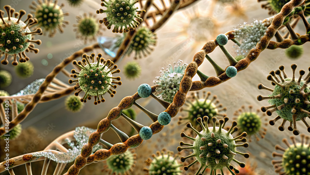 Poster a close-up view of a dna strand with multiple virus particles surrounding it
