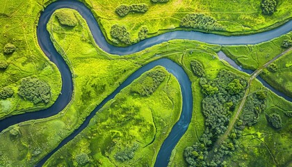 Fototapeta premium Aerial View of a Winding River Through Lush Green Fields