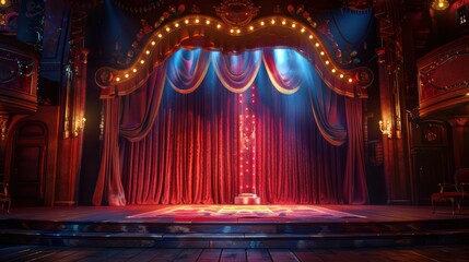 Empty vintage circus stage illuminated by spotlights, with red velvet curtains and a golden frame, creating an anticipation atmosphere