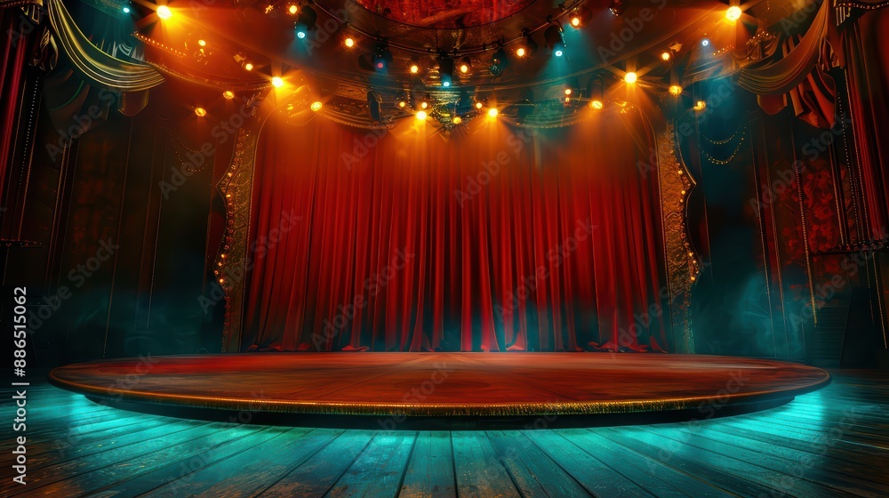 Poster empty theater stage with red curtains and spotlights illuminating the scene, creating a dramatic and
