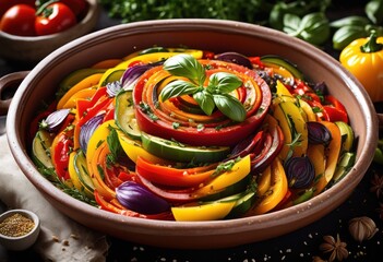 homemade rustic ratatouille traditional earthenware dish, colorful, sliced, cooked, stew, savory, delicious, vegan, vegetarian, healthy, organic, fresh