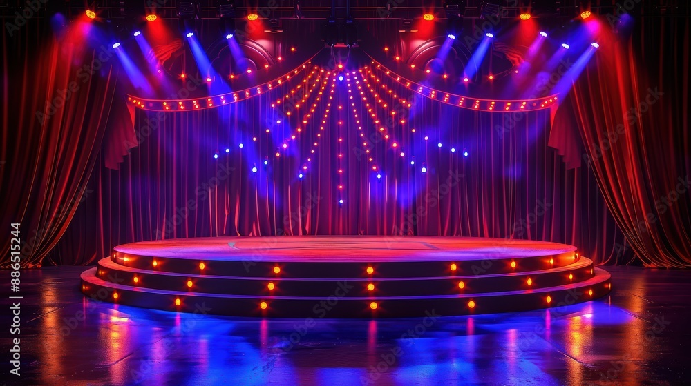 Poster empty round stage is illuminated by spotlights, creating a captivating atmosphere for an upcoming pe
