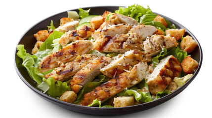 Fototapeta premium Delicious Caesar salad with grilled chicken strips, romaine lettuce, croutons, and a sprinkle of parmesan cheese