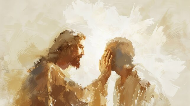 Christian Jesus Healing Blind Man with Touch Compassion and Miraculous Healing Beige Background and Copyspace