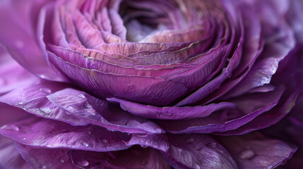 Fototapeta premium Detailed macro image of a pink ranunculus bloom, focusing on its intricate layers