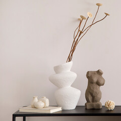 Minimalist composition of minimalistic interior with copy space, beige wall, white vase with dried...