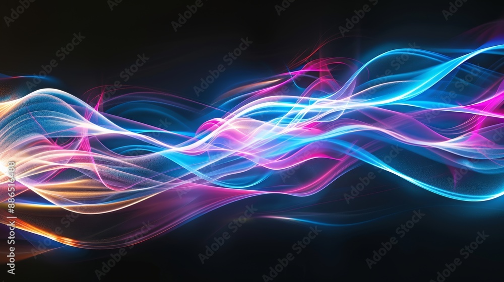 Poster energetic blue and pink wavy lines on a dark canvas, adding vibrant flow and glow to any project