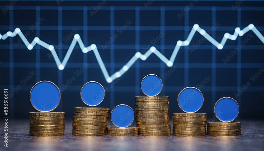 Poster stacks of gold coins with currency symbols placed on top are set against a blue grid chart displayin