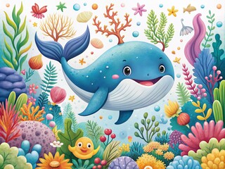 Vibrant underwater scene with smiling whale swimming surrounded by ocean creatures, seaweed, and coral, perfect for nursery wall art, books, and textile design.