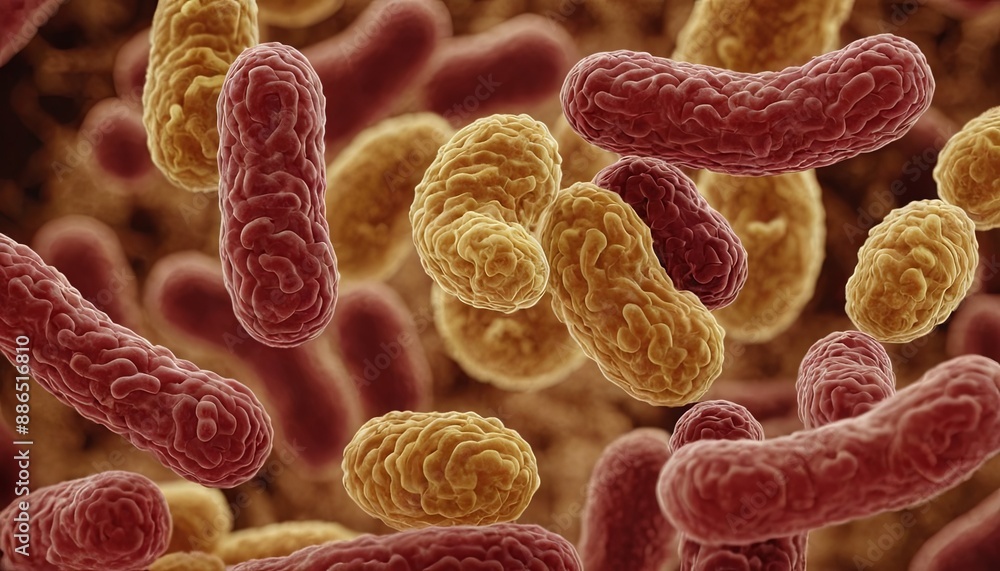 Poster a close-up view of red and yellow bacteria, captured using a scanning electron microscope