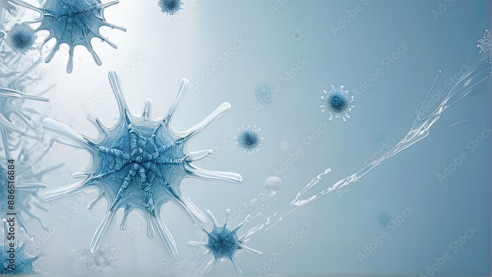 Poster a close-up image of blue virus particles with spikes on a light blue background. the image suggests 