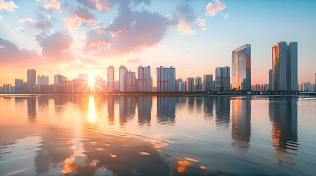 A city skyline with modern buildings and skyscrapers. Generate AI Video