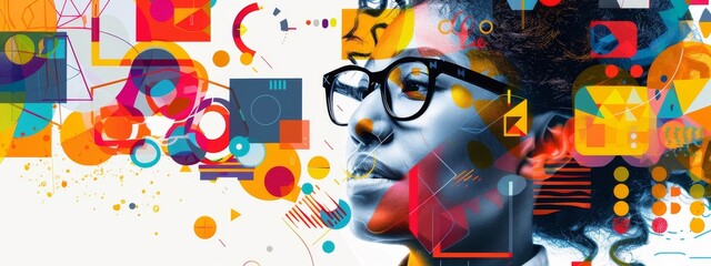 Dynamic digital collage background of businesswoman with glasses