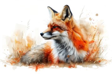 A whimsical watercolor illustration of a fox, in a style of watercolor illustration, white background