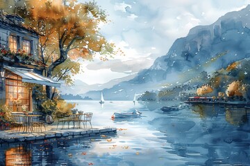 A serene lakeside cafe with a view of boats gently floating on the water, painted in calm and soothing watercolor shades, in the style of watercolor illustration, white background