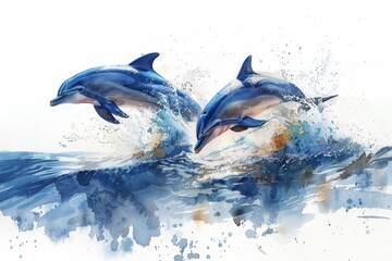 A pair of dolphins leaping through the waves, captured in fluid and dynamic watercolor art, in the style of watercolor illustration, white background
