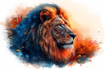 A majestic lion basking in the golden sunset, painted in vibrant watercolor hues, in a style of watercolor illustration, white background