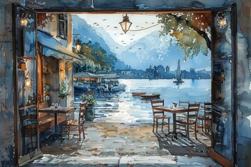 A serene lakeside cafe with a view of boats gently floating on the water, painted in calm and soothing watercolor shades, in the style of watercolor illustration, white background