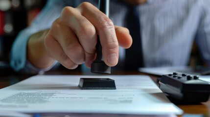 Man hand stamping with approved stamp on document at desk, notary or business people, Man hand stamping with approved stamp on document at desk, notary or business people