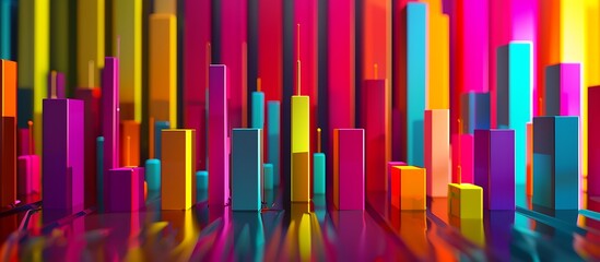 Obraz premium Digital artwork showcasing a vibrant bar graph depicting a rising stock market, each bar in bold colors symbolizing increasing market indices, futuristic and dynamic.