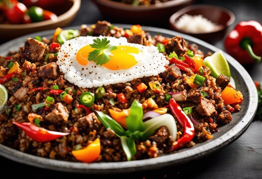 delicious sizzling sisig hot sizzle filipino cuisine food, plate, pork, meat, grilled, crispy, spicy, savory, culinary, gastronomy, authentic, delicacy