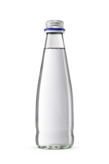 Purified water in a transparent glass bottle with aluminum screw cap isolated. Transparent PNG image.