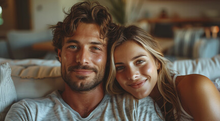 Fototapeta premium A couple smiles while relaxing on a couch.