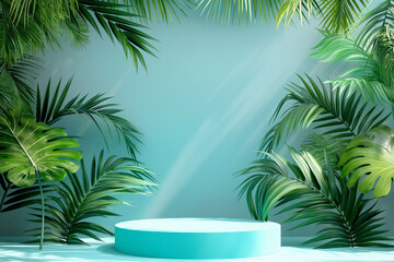 Fototapeta premium Empty Podium With Tropical Palm Trees and Green Wall in Sunlight